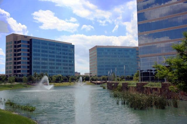 Plano, Texas town center with brick buildings