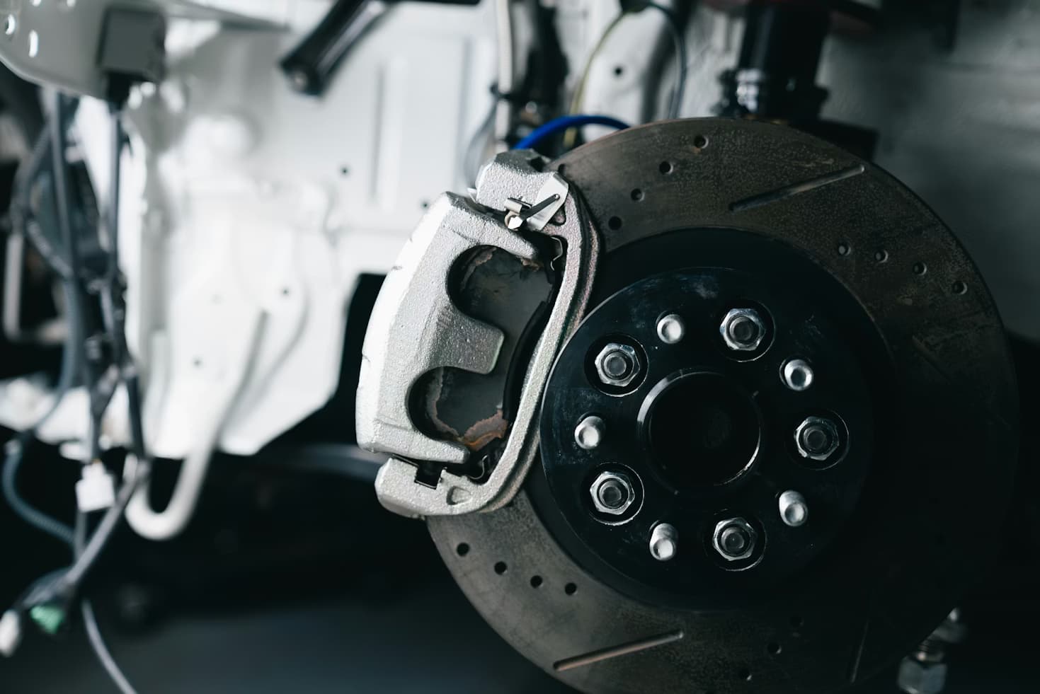 Brake rotor and caliper service close up